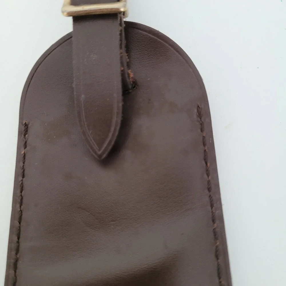 Louis Vuitton Brown Leather Luggage Tag Gold Buckle Travel Accessory MN Monogram